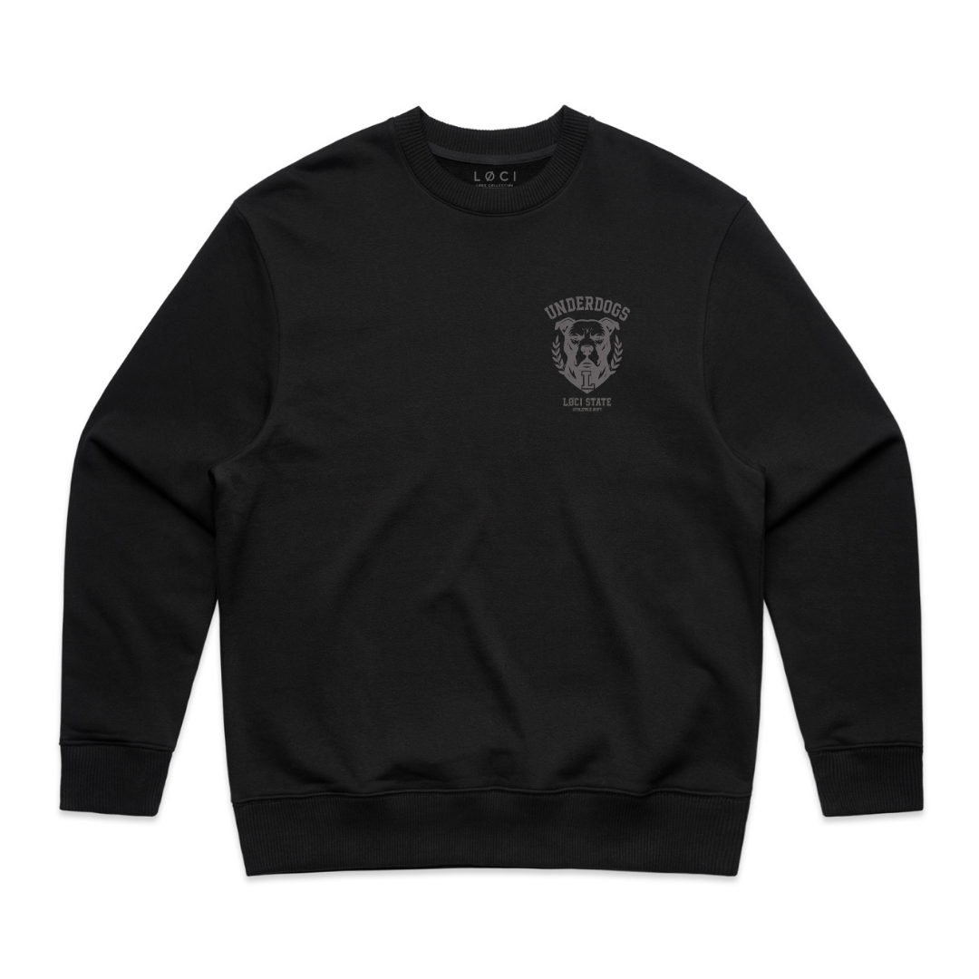 Black sweatshirt with a logo on the chest against a white background
