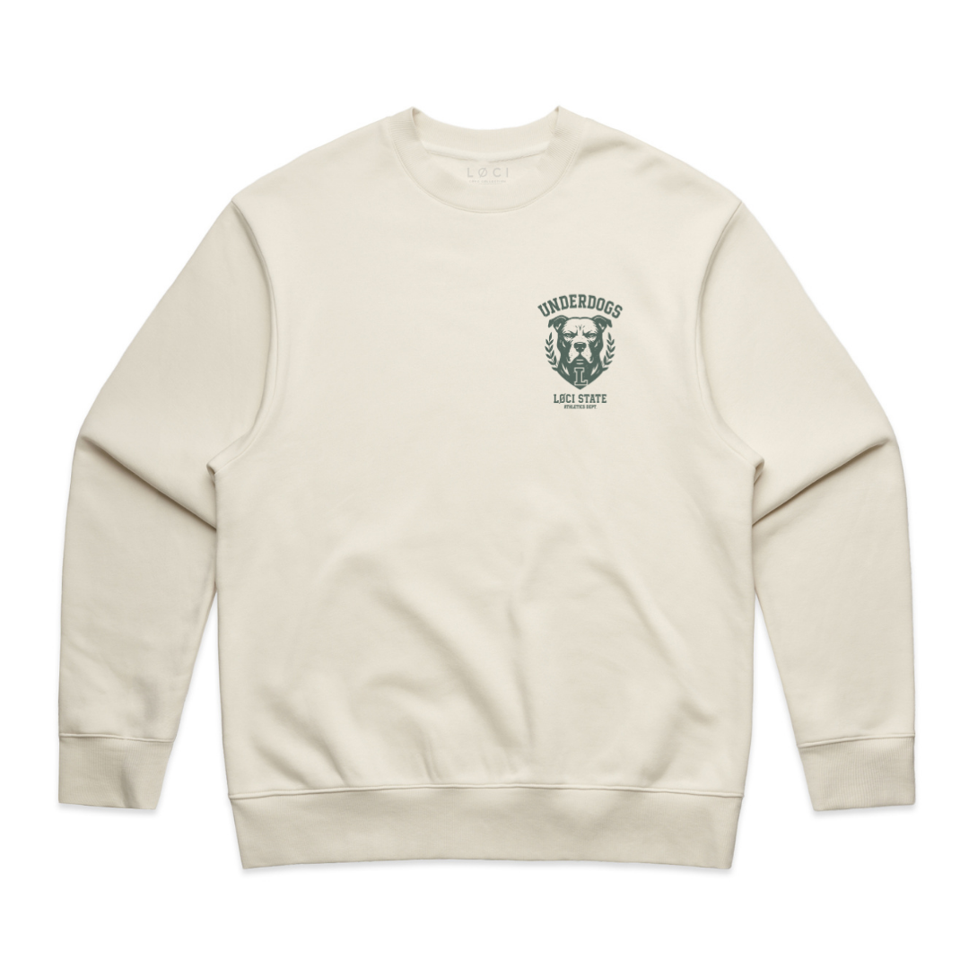 Beige sweatshirt with a logo on the chest against a white background