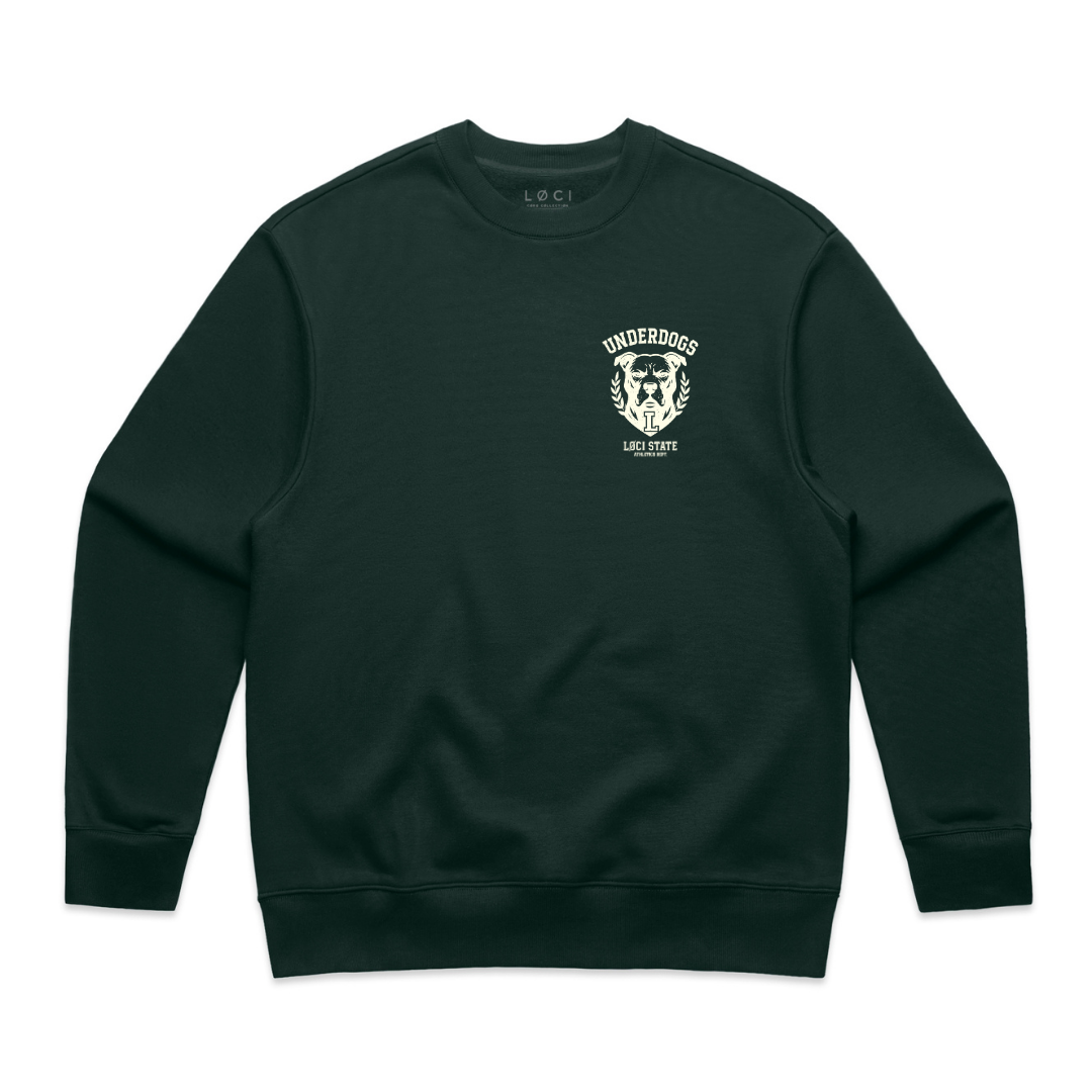 Dark green sweatshirt with a logo on the chest against a white background