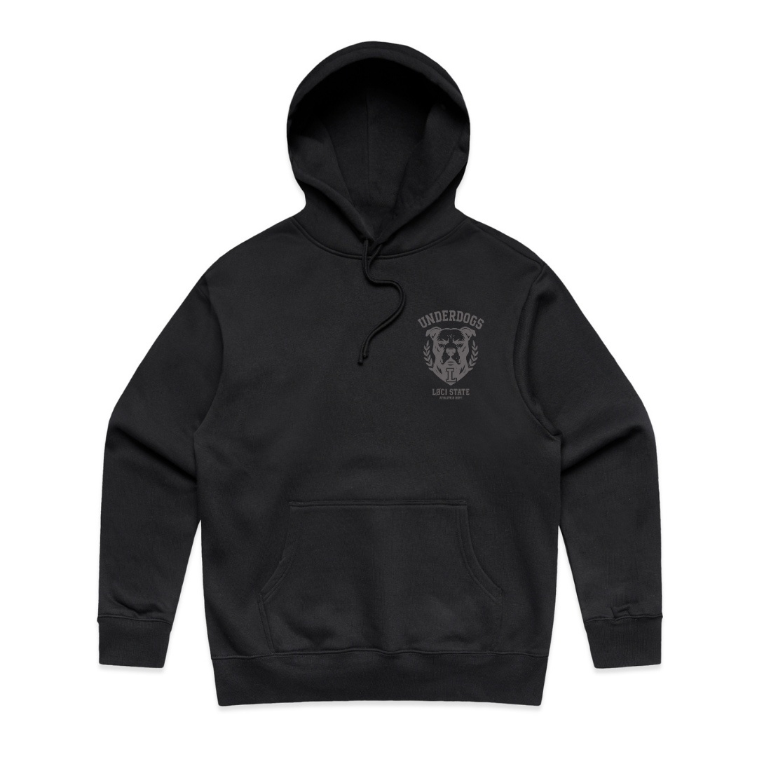 Black hoodie with a logo on the chest against a white background