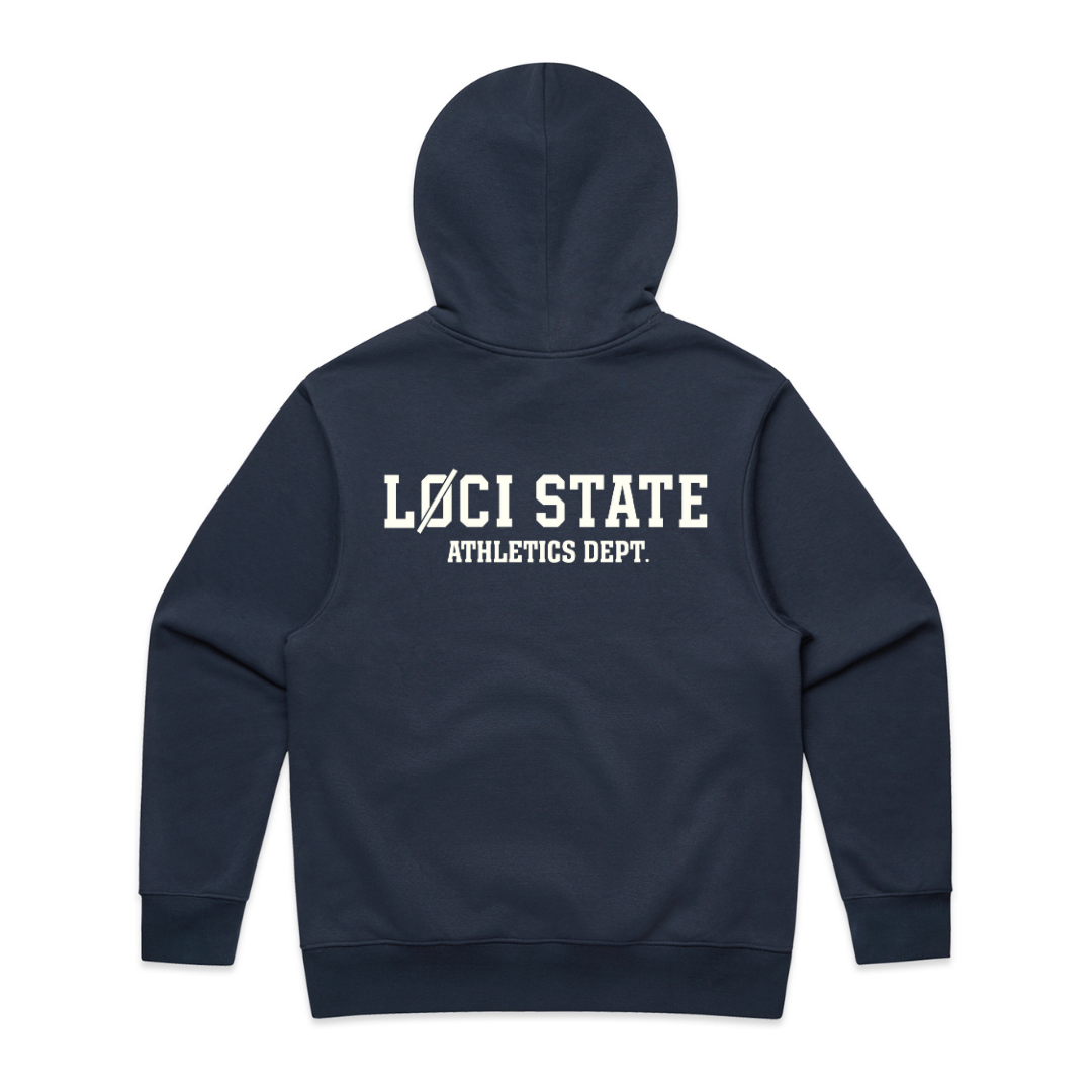 Navy hoodie with 'LOCI STATE ATHLETICS DEPT.' text on the back against a white background