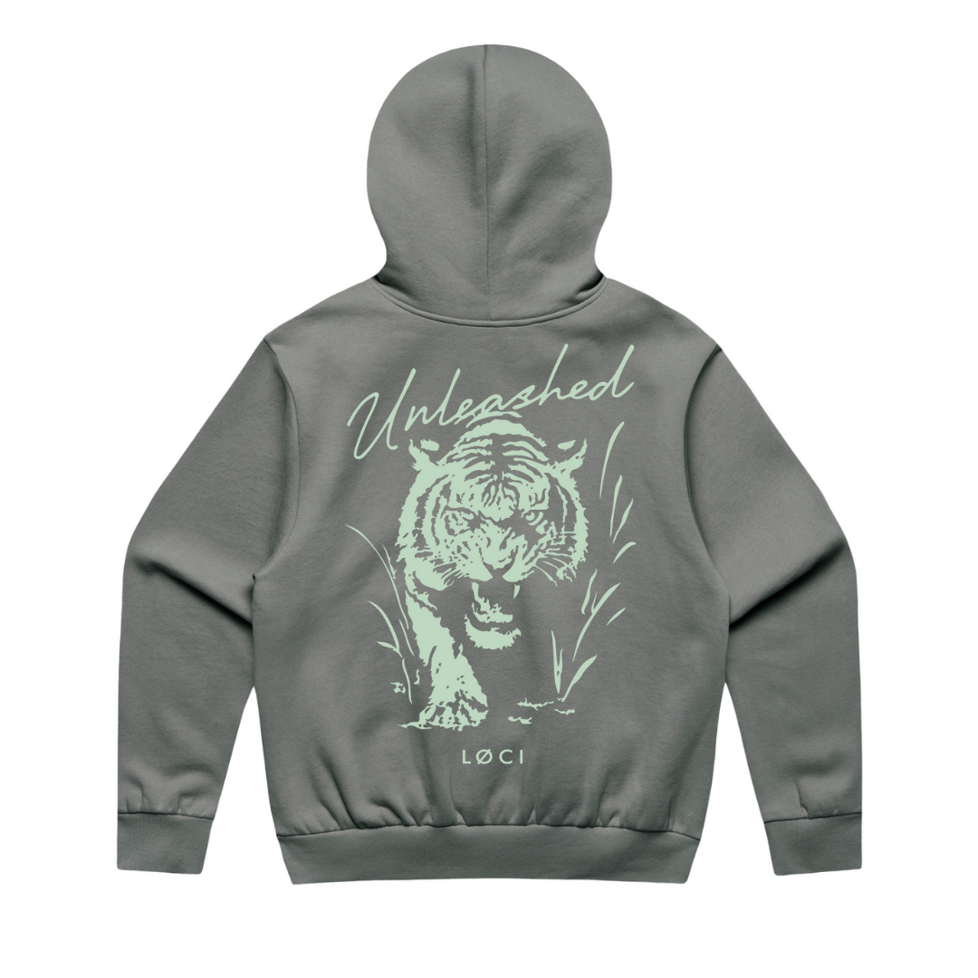 Gray hoodie with a tiger graphic and 'Unleashed' text on the back, on a white background.