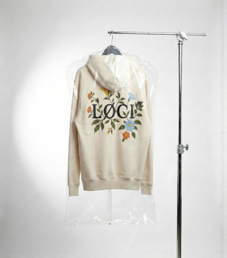 Beige hoodie with floral design and 'LOVE' text on a hanger against a white background