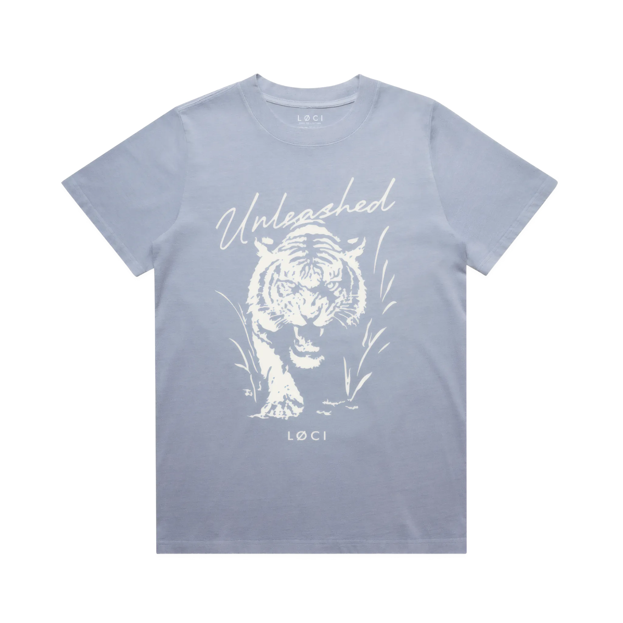 Light blue t-shirt with white tiger graphic and 'Unleashed' text on a white background