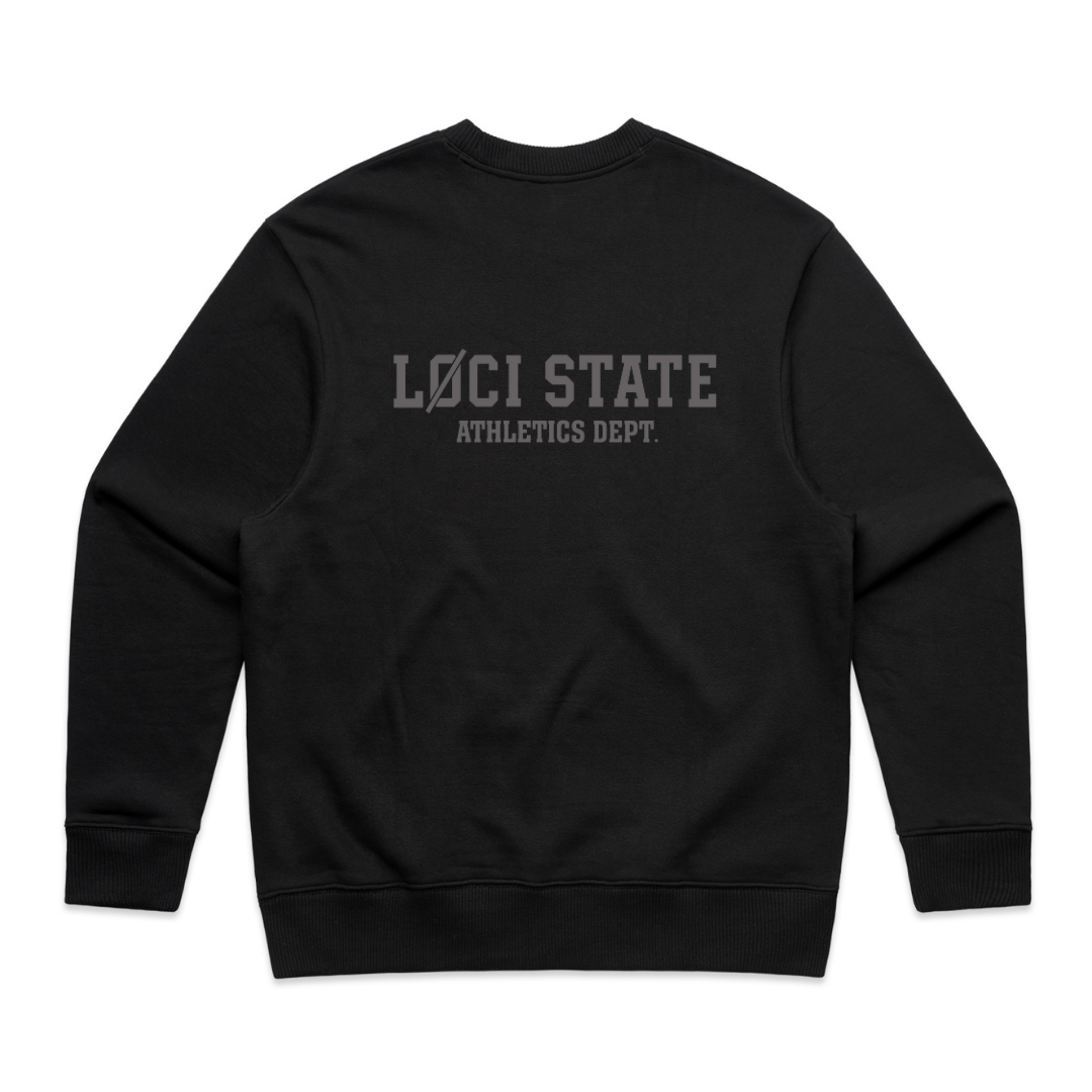 Black sweatshirt with 'LOCI STATE ATHLETICS DEPT.' text on a white background