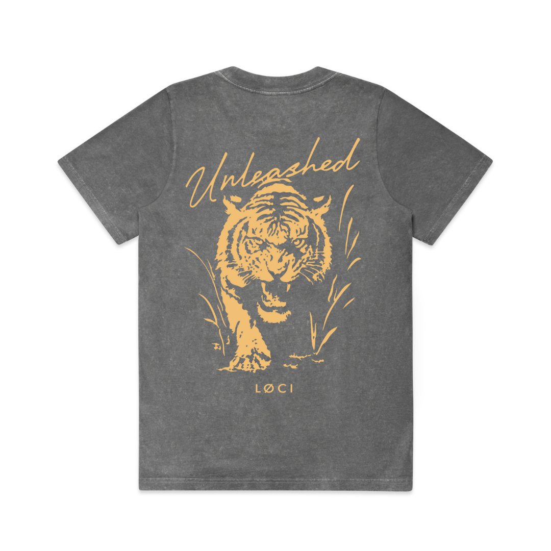 Gray t-shirt with a tiger graphic and 'Unleashed' text on the back, on a white background