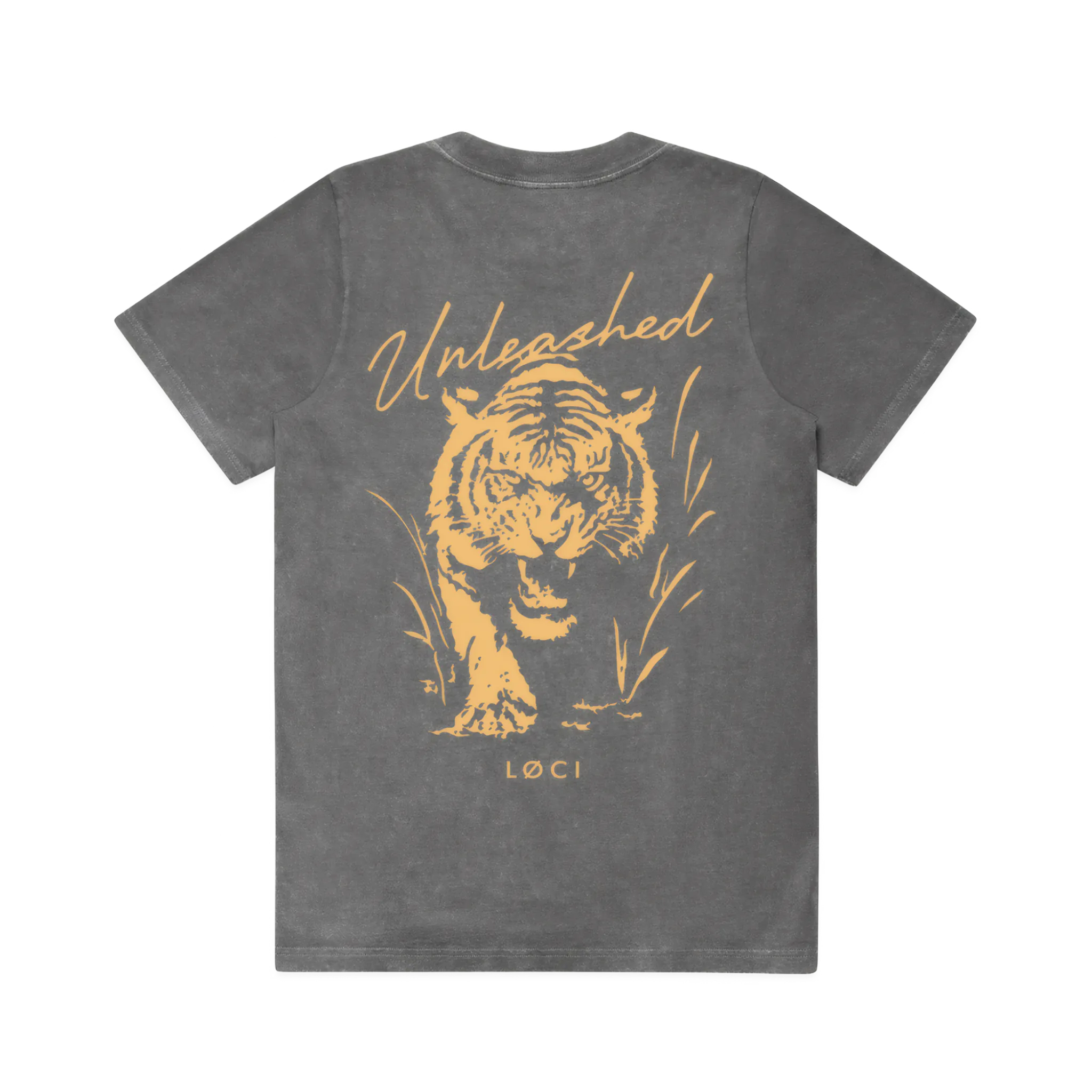 Gray t-shirt with a tiger graphic and 'Unleashed' text on the back, on a white background