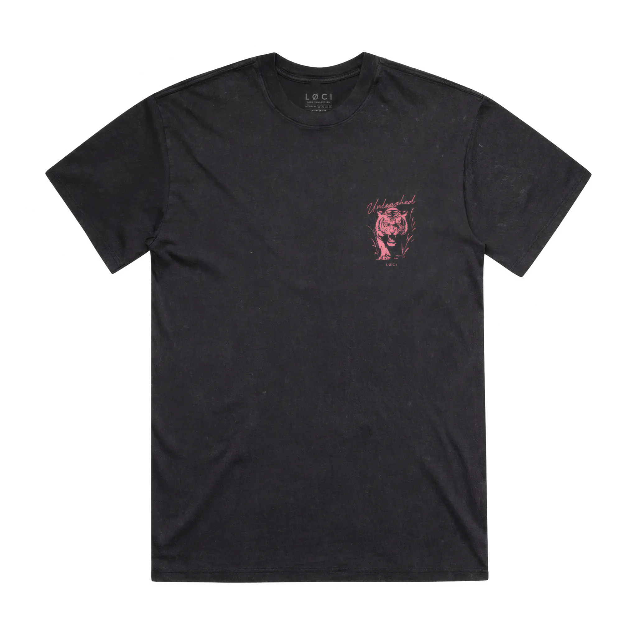 Black t-shirt with a pink graphic on a white background