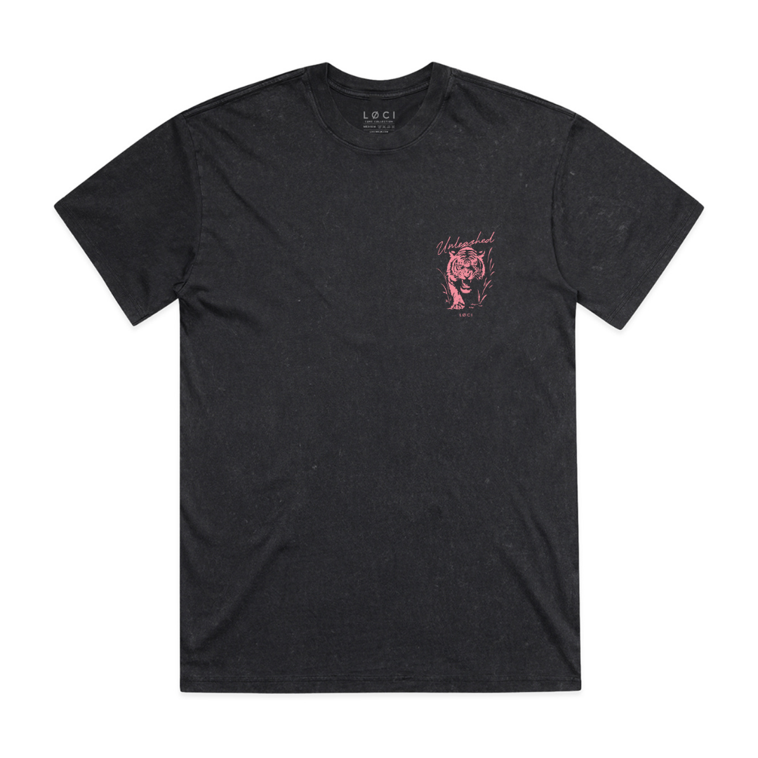 Black t-shirt with a pink graphic on a white background