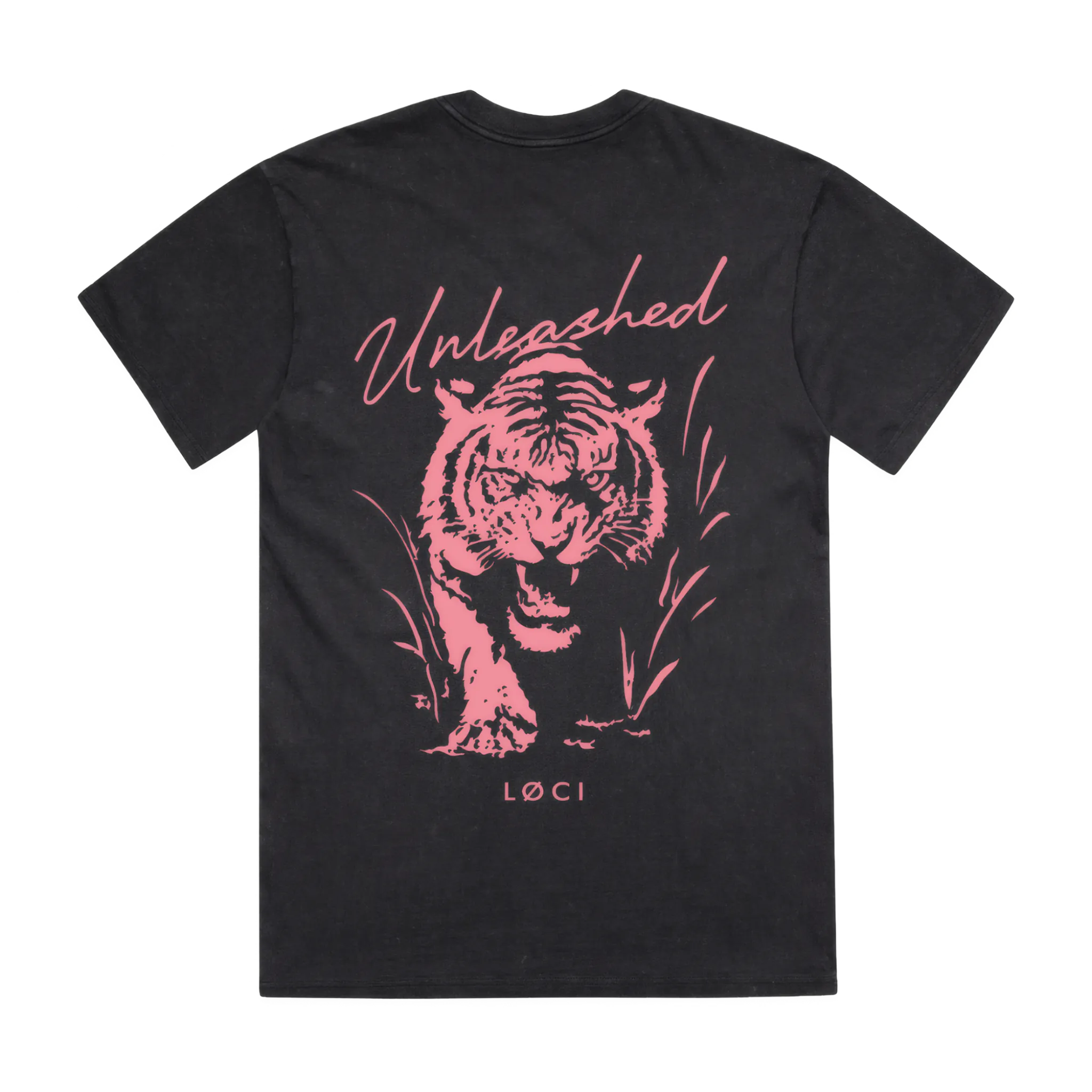 Black t-shirt with pink tiger graphic and 'Unleashed' text on a white background