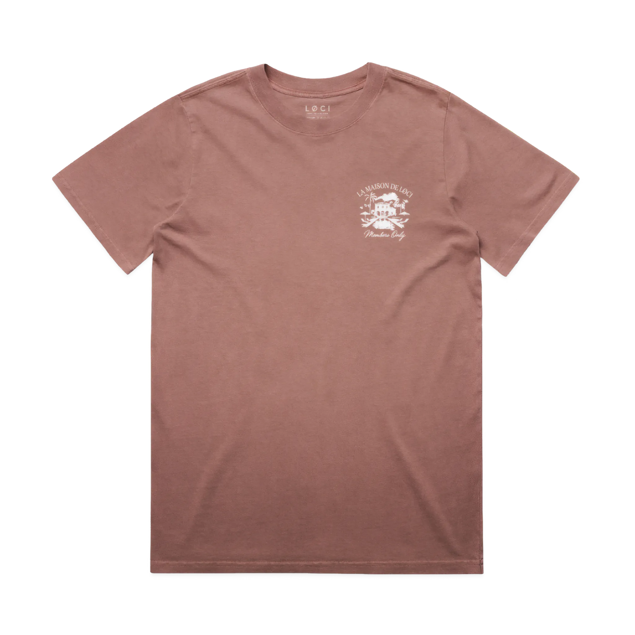 Brown t-shirt with a logo on the chest against a white background