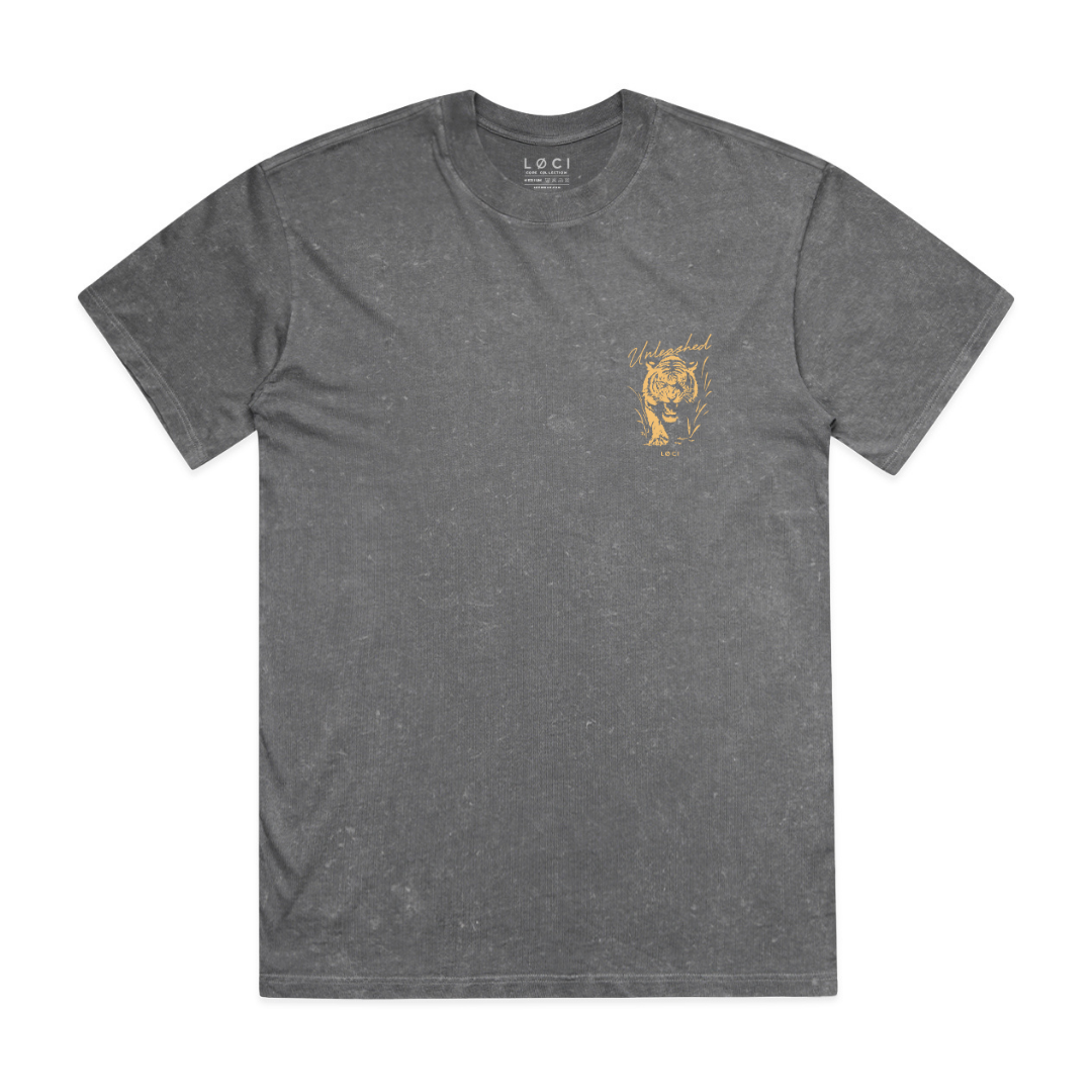 Gray t-shirt with a gold graphic on a white background