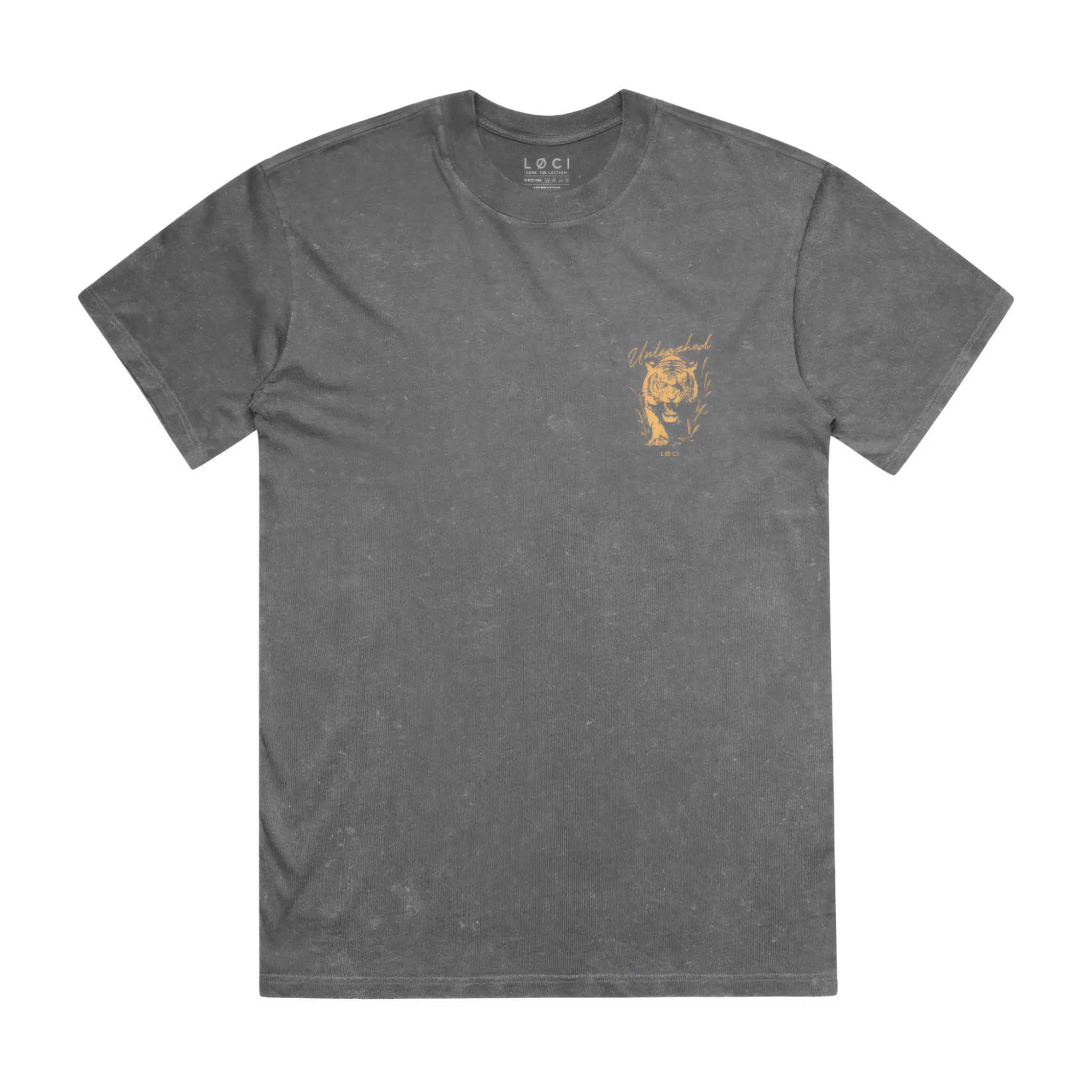 Gray t-shirt with a gold graphic on a white background