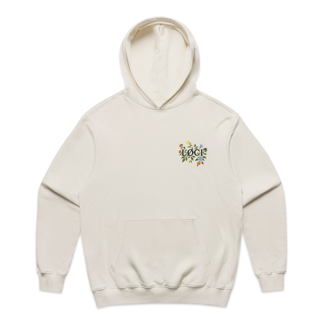 Beige hoodie with a small logo on the chest against a white background