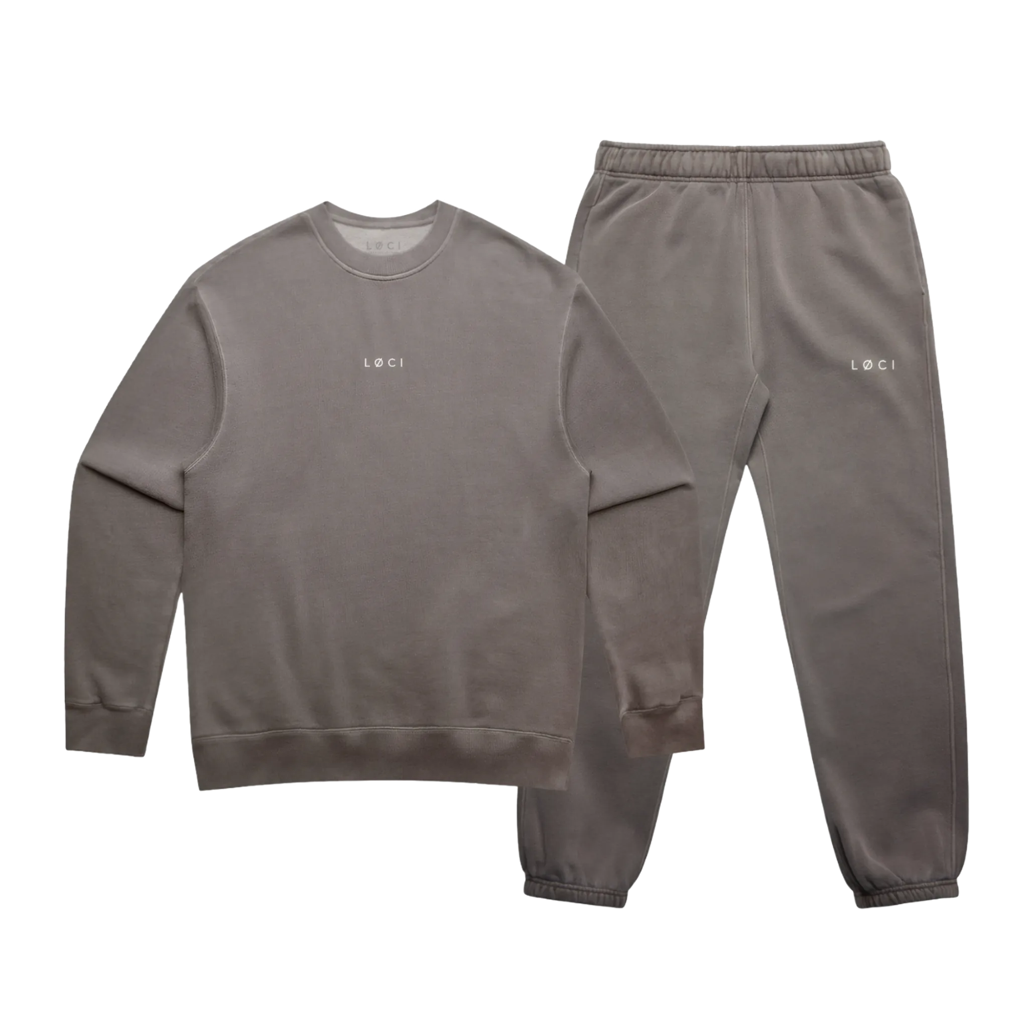 Gray sweatshirt and pants set with 'LOCI' branding on a white background