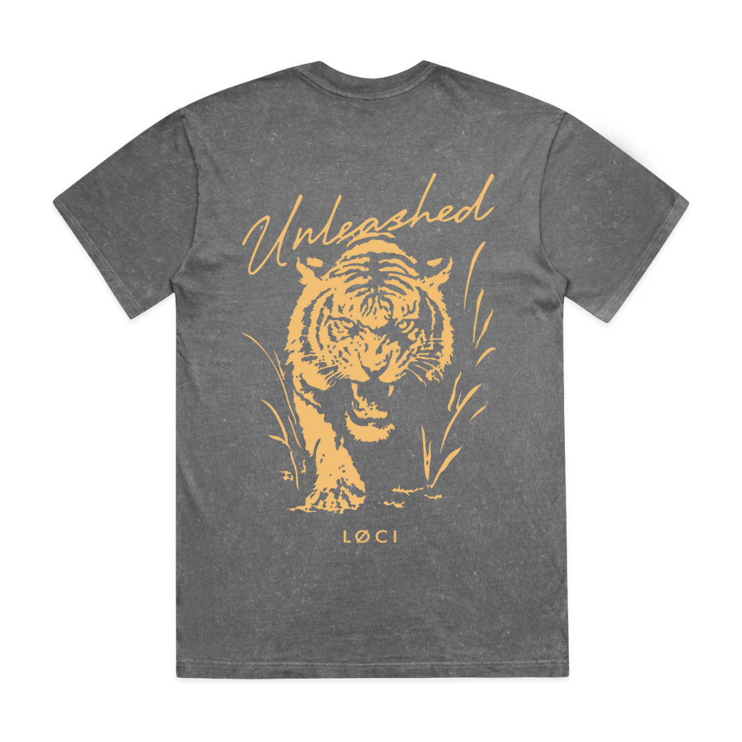 Gray t-shirt with a tiger graphic and 'Unleashed' text on a white background