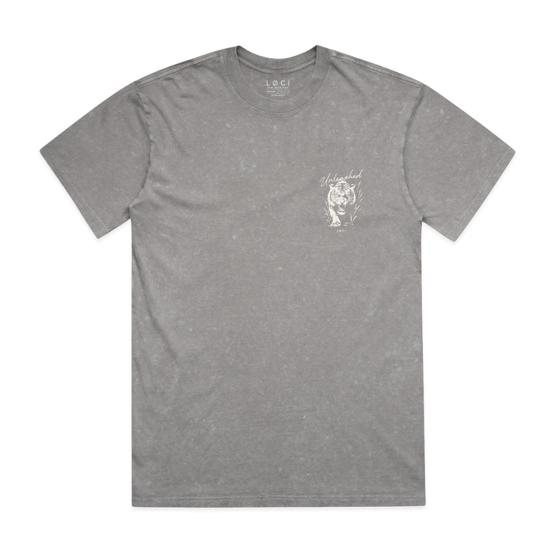 Gray t-shirt with a small white graphic on a white background