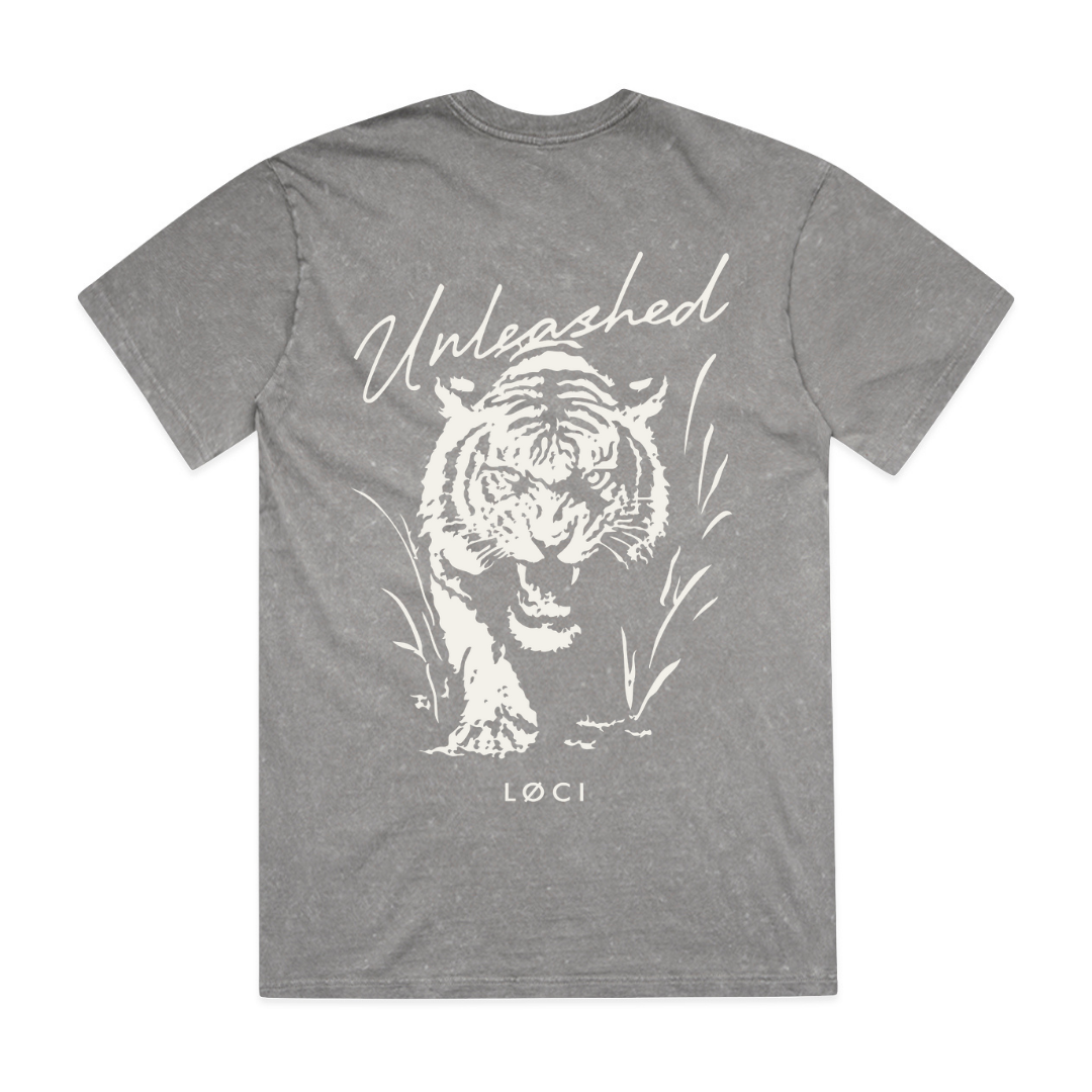 Gray t-shirt with a white tiger graphic and 'Unleashed' text on a white background