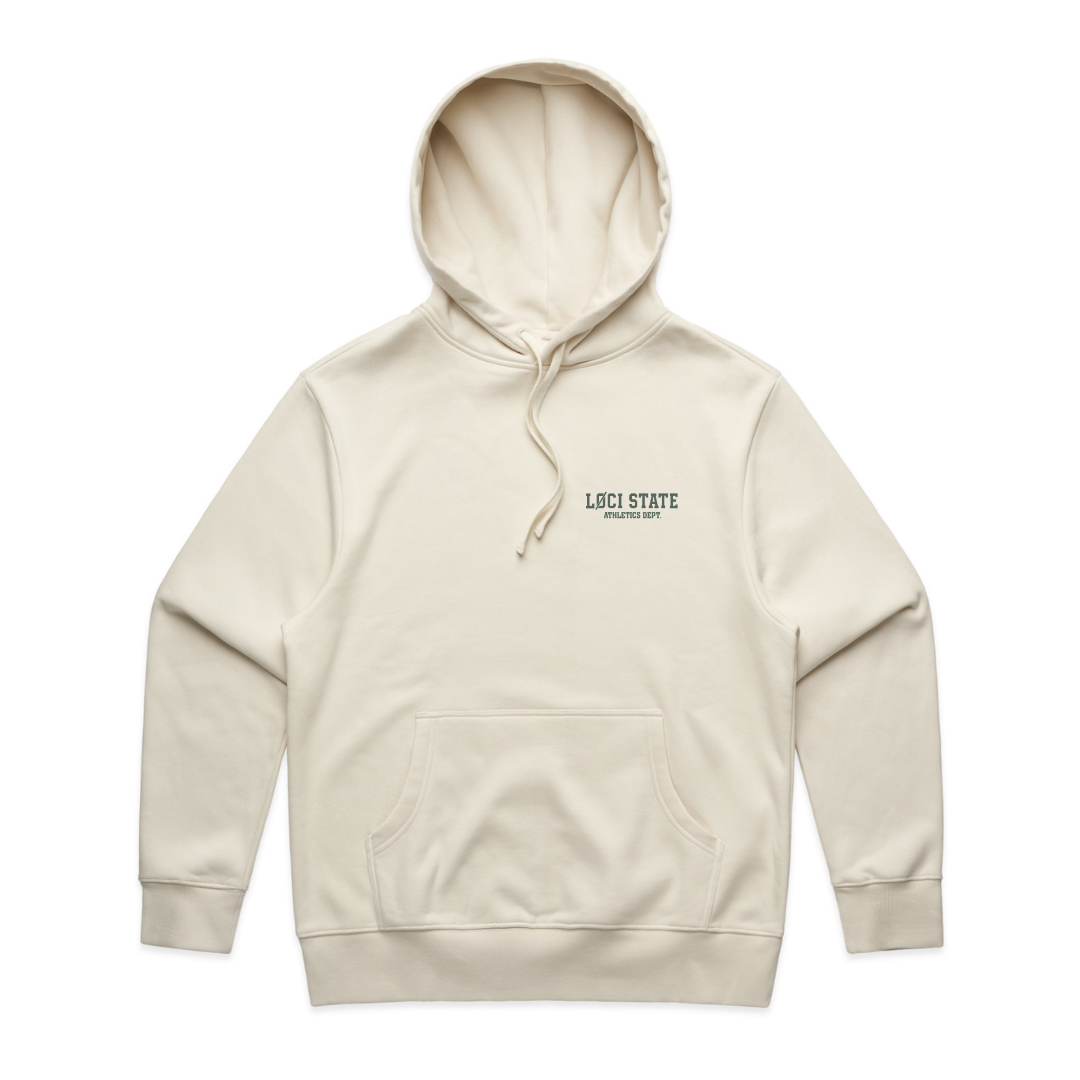 Beige hoodie with 'Loci State' logo on a white background
