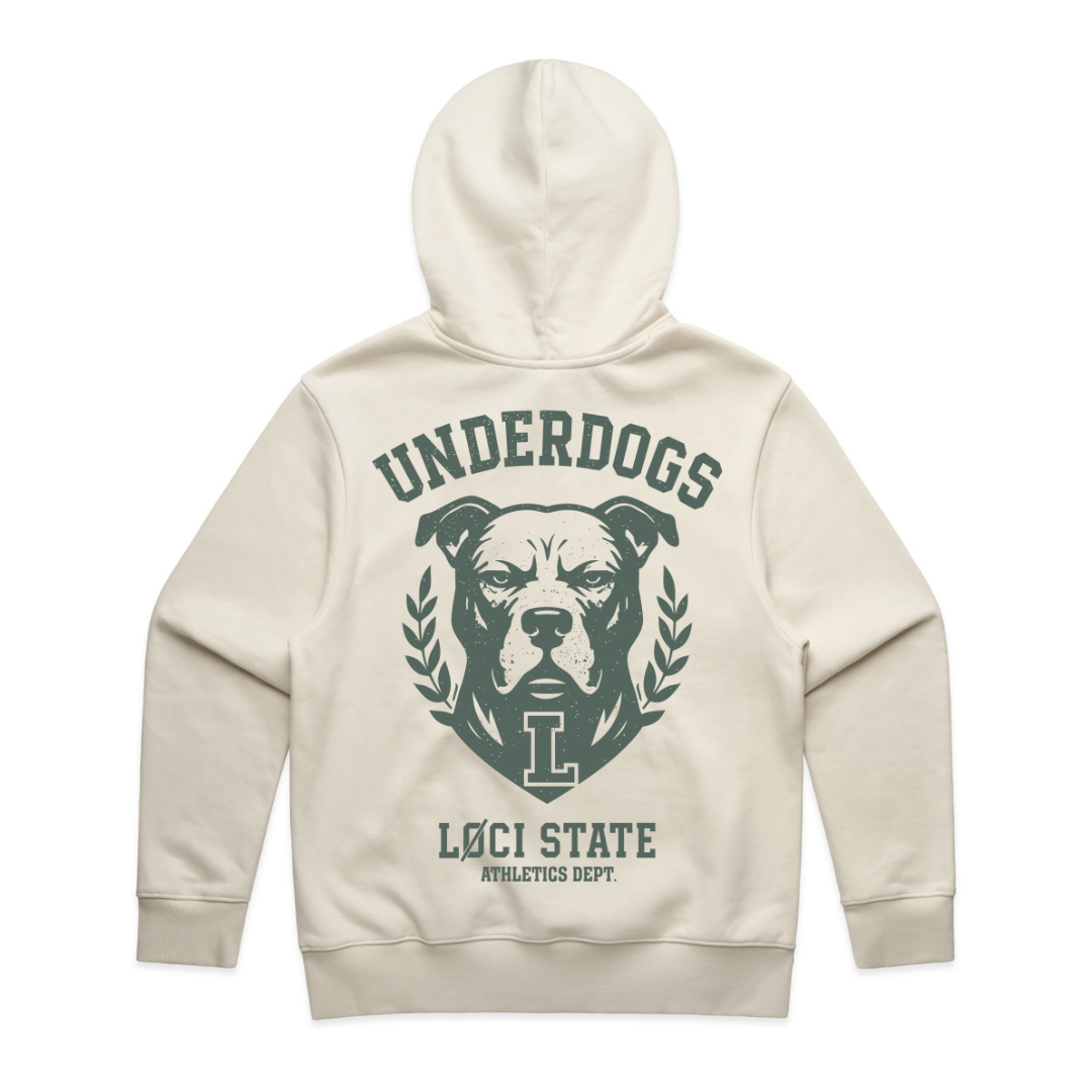Beige hoodie with a graphic of a dog and text on the back, on a white background