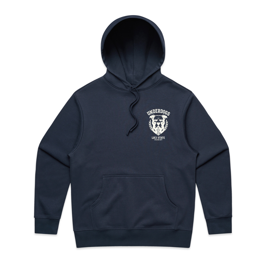 Navy blue hoodie with a white logo on a white background