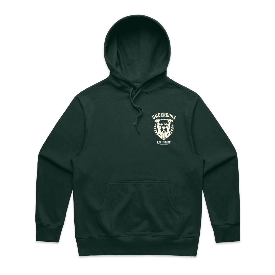 Dark green hoodie with a white logo on the chest against a white background