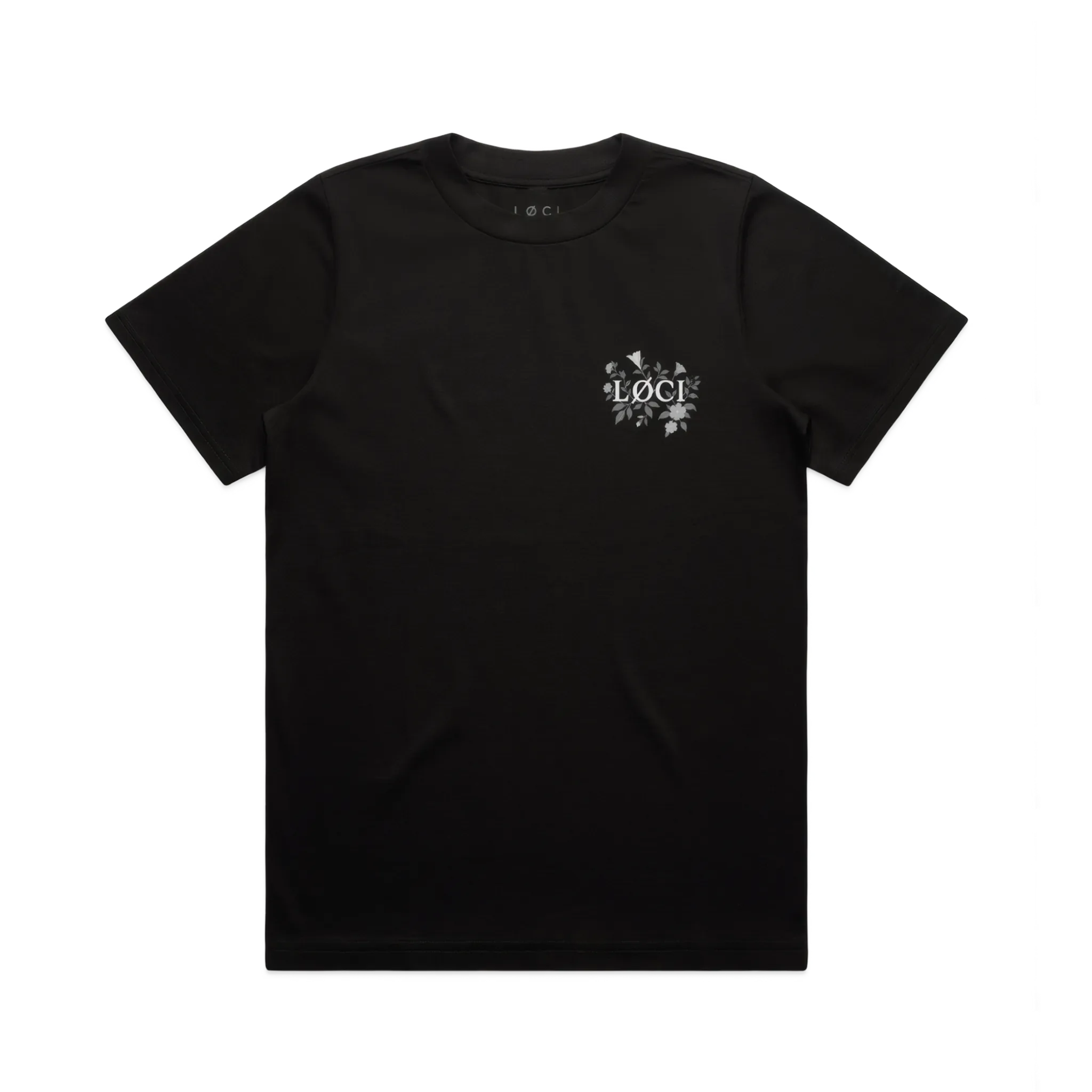 Black t-shirt with a small white logo on the chest against a white background