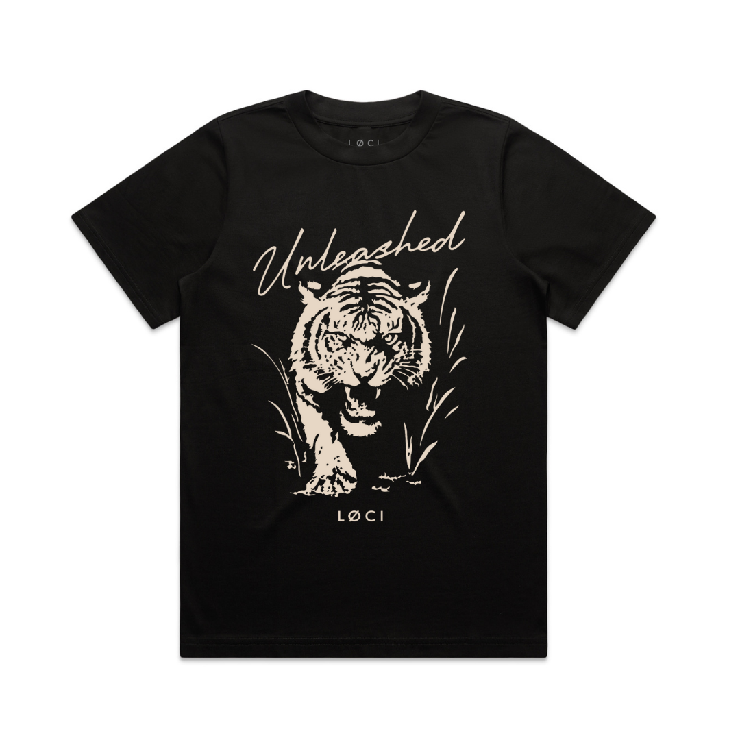 Black t-shirt with a tiger graphic and 'Unleashed' text on a white background