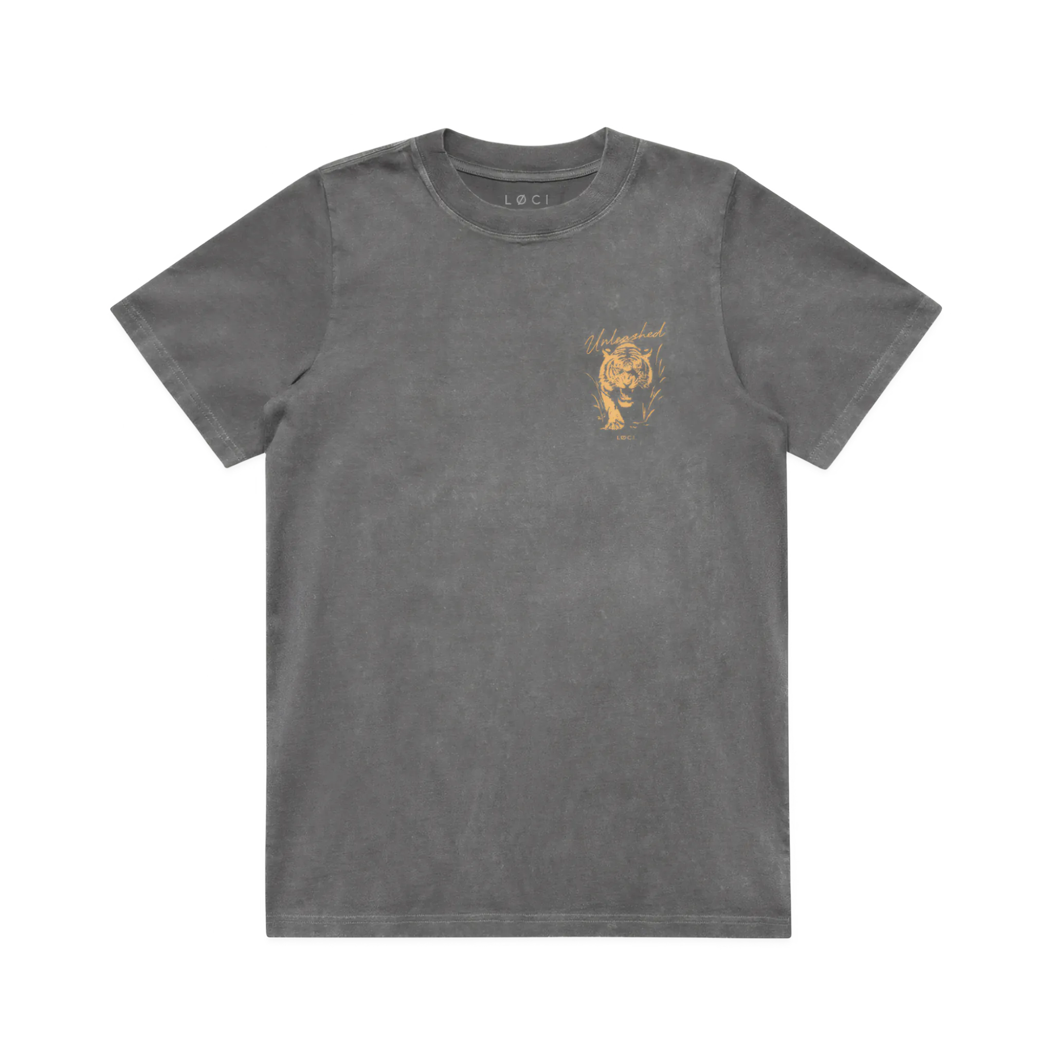 Gray t-shirt with a gold graphic on a white background