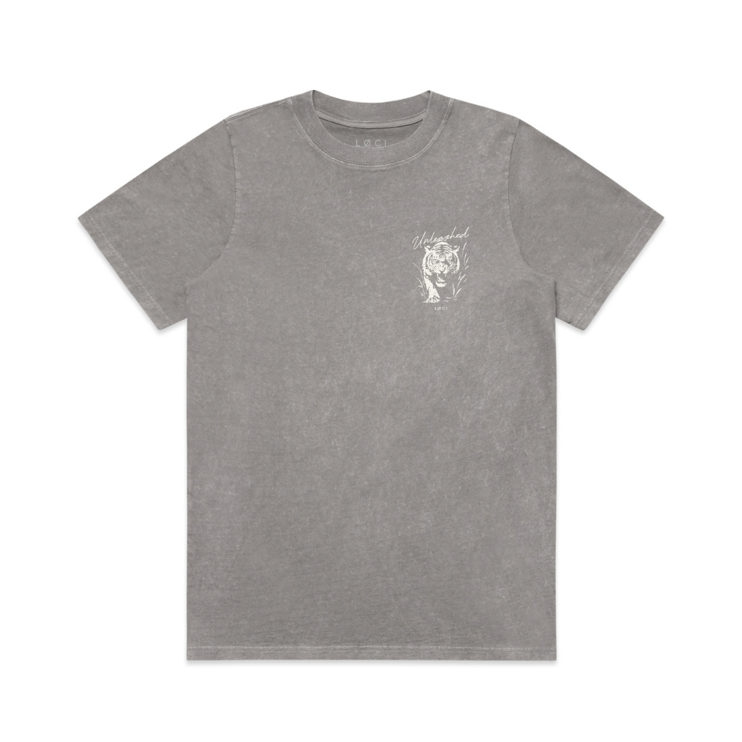 Gray t-shirt with a small white graphic on a white background