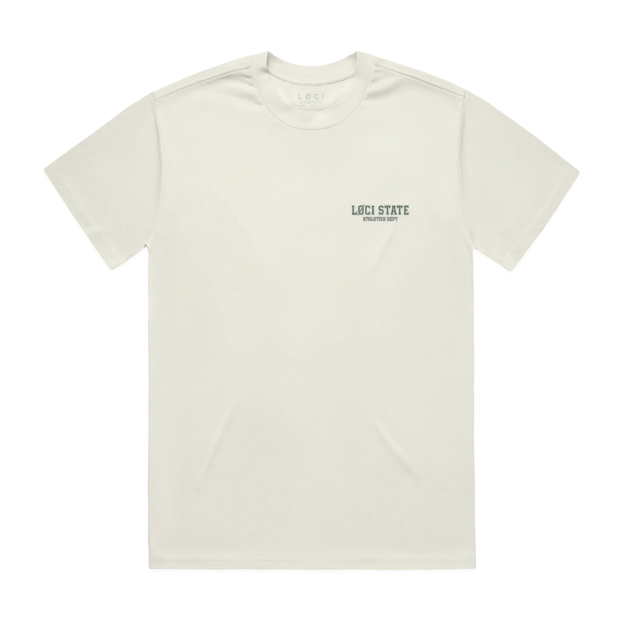 Beige t-shirt with 'LOCI STATE' text on a white background