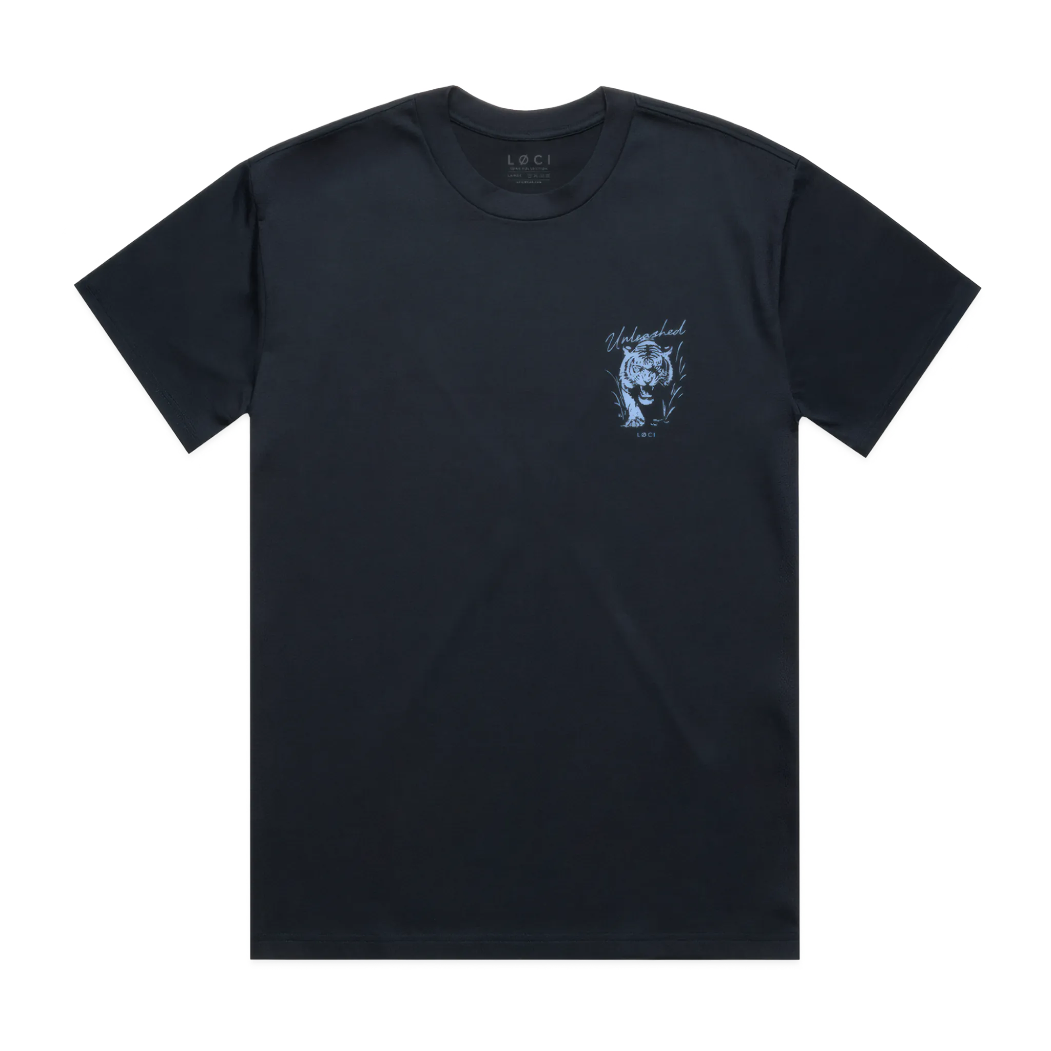 Black t-shirt with a small white graphic on a white background