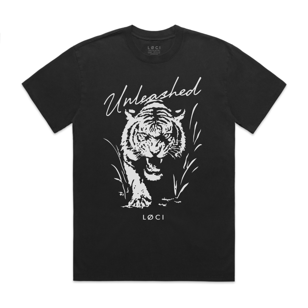 Black t-shirt with a white tiger graphic and 'Unleashed' text on a white background