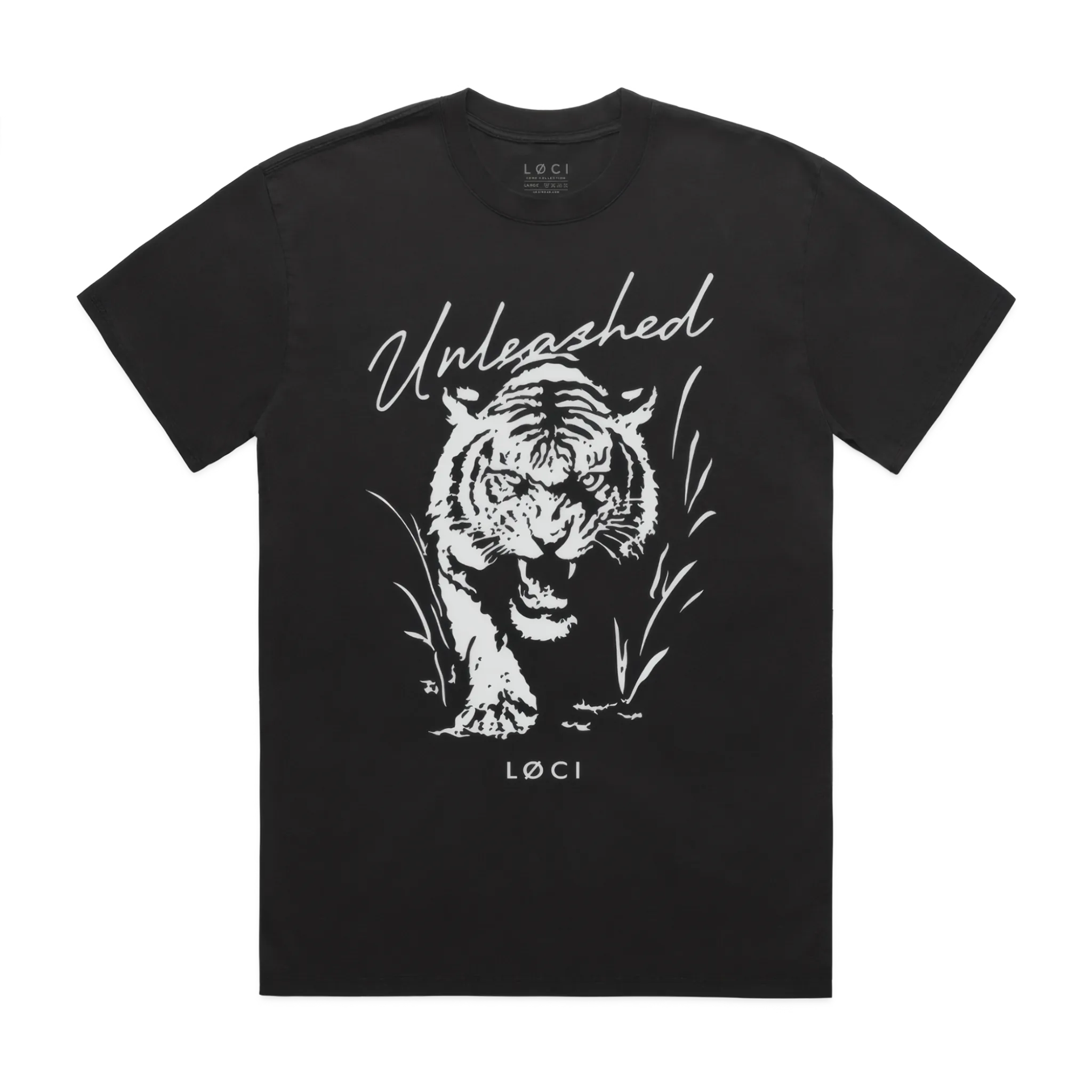 Black t-shirt with a white tiger graphic and 'Unleashed' text on a white background