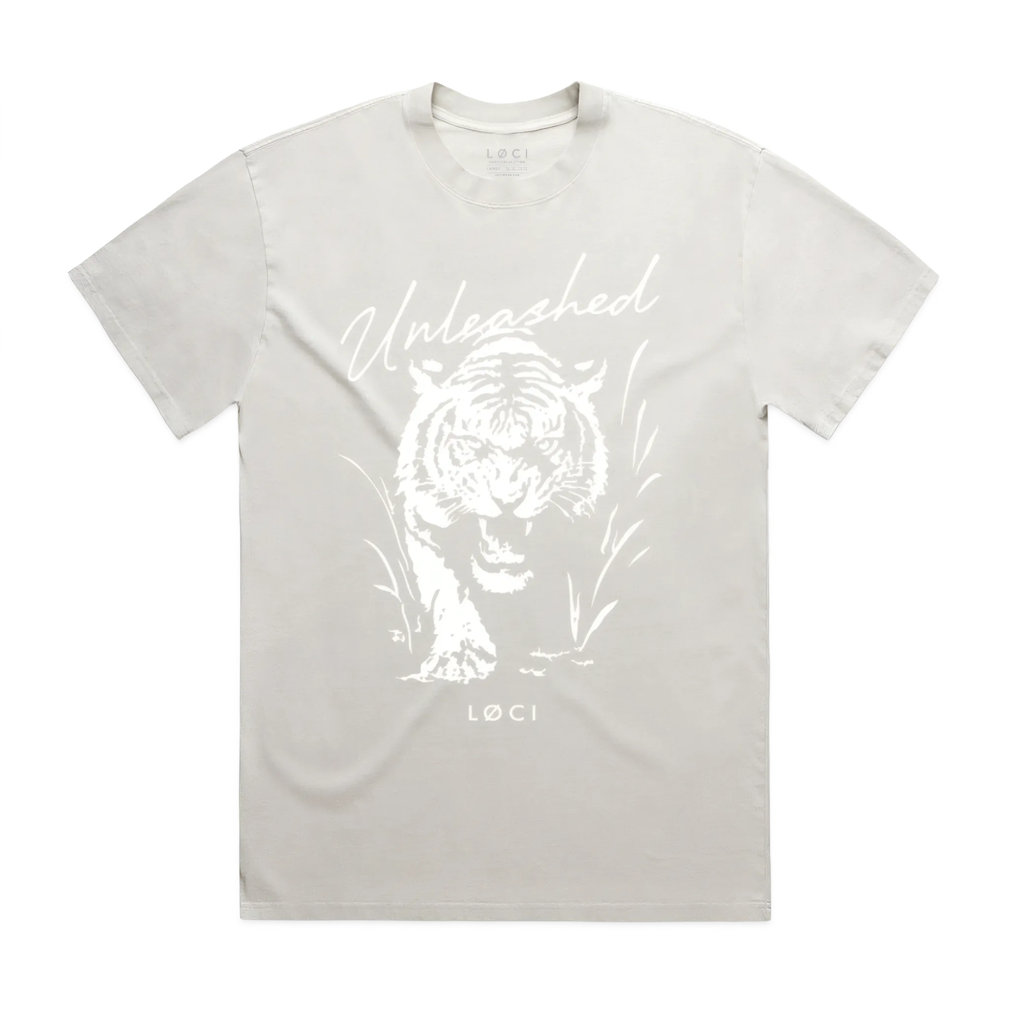 Gray t-shirt with white tiger graphic and 'Loci' branding on a white background