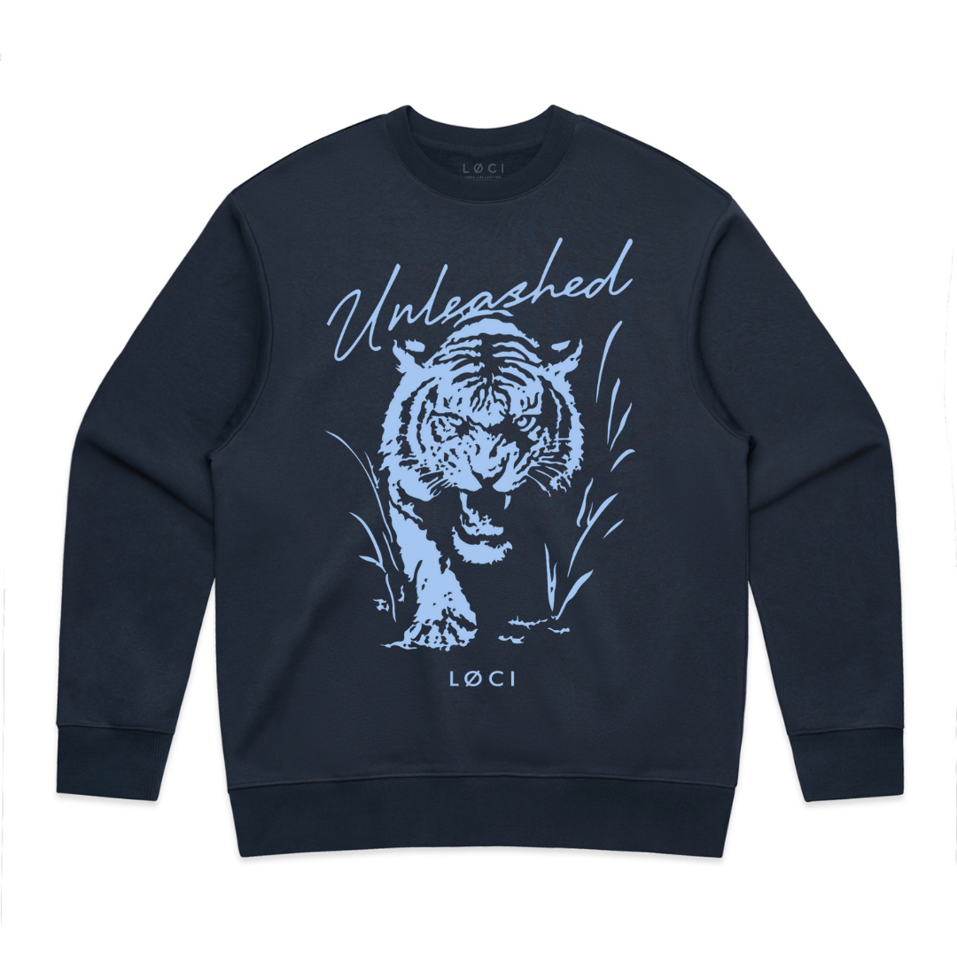 Navy blue sweatshirt with a tiger graphic and 'Unleashed' text on a white background