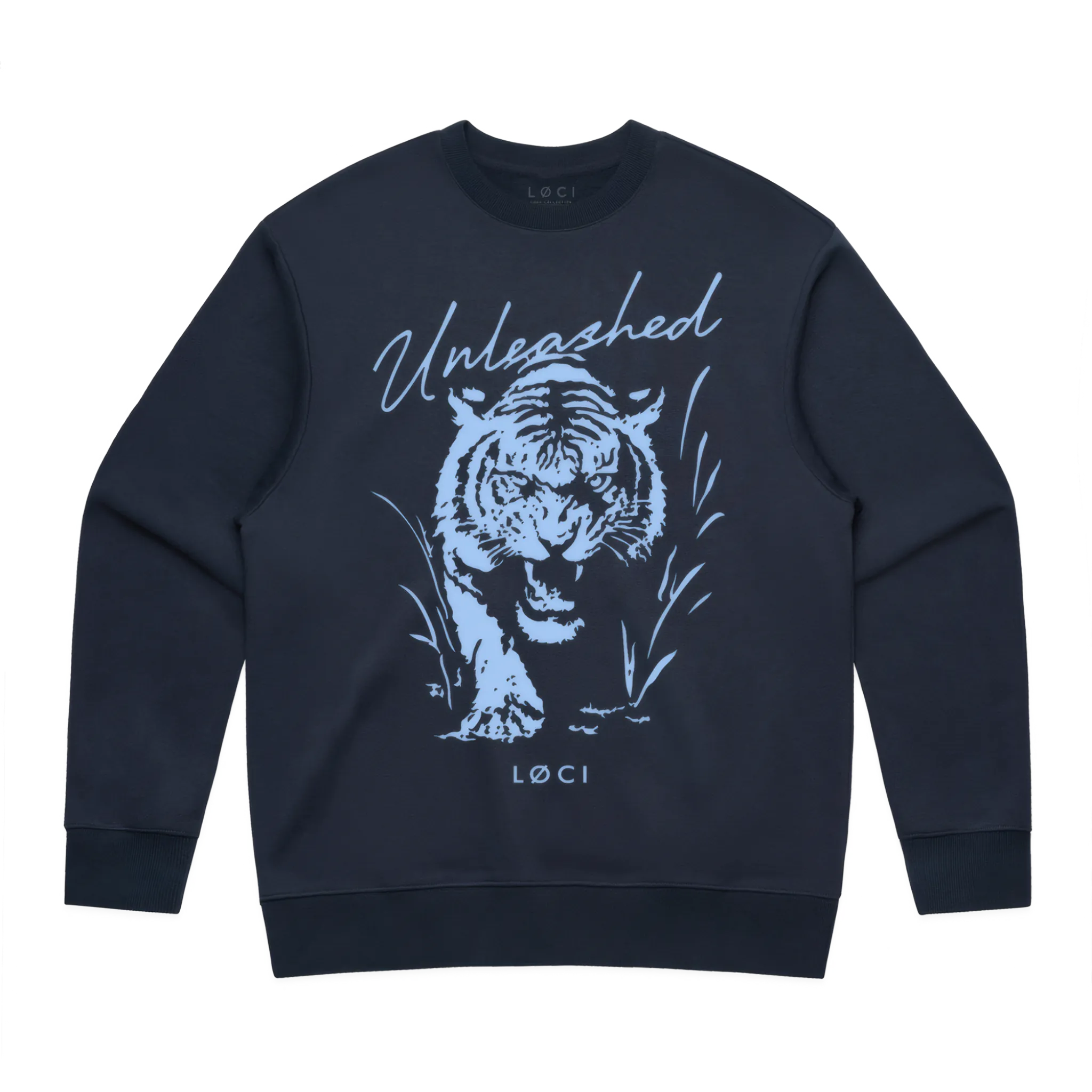 Navy blue sweatshirt with a tiger graphic and 'Unleashed' text on a white background