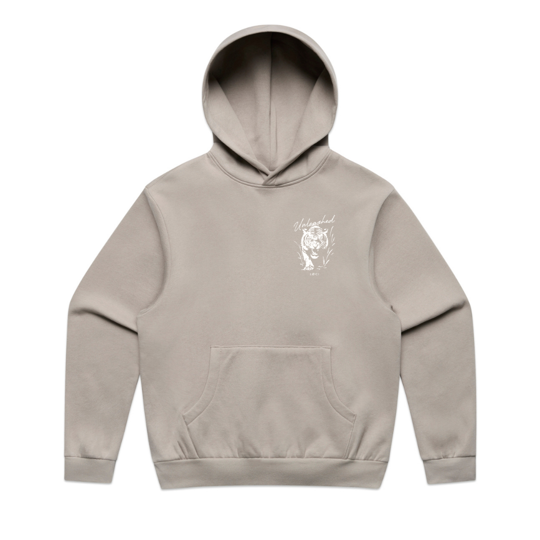 Beige hoodie with a small graphic on the chest against a white background