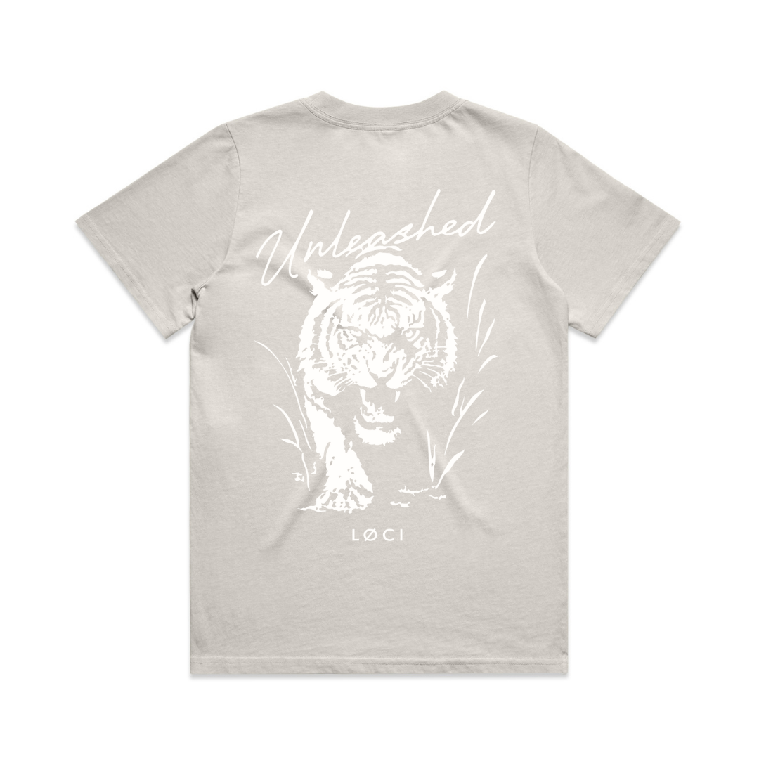 Gray t-shirt with a white tiger graphic and text on a white background