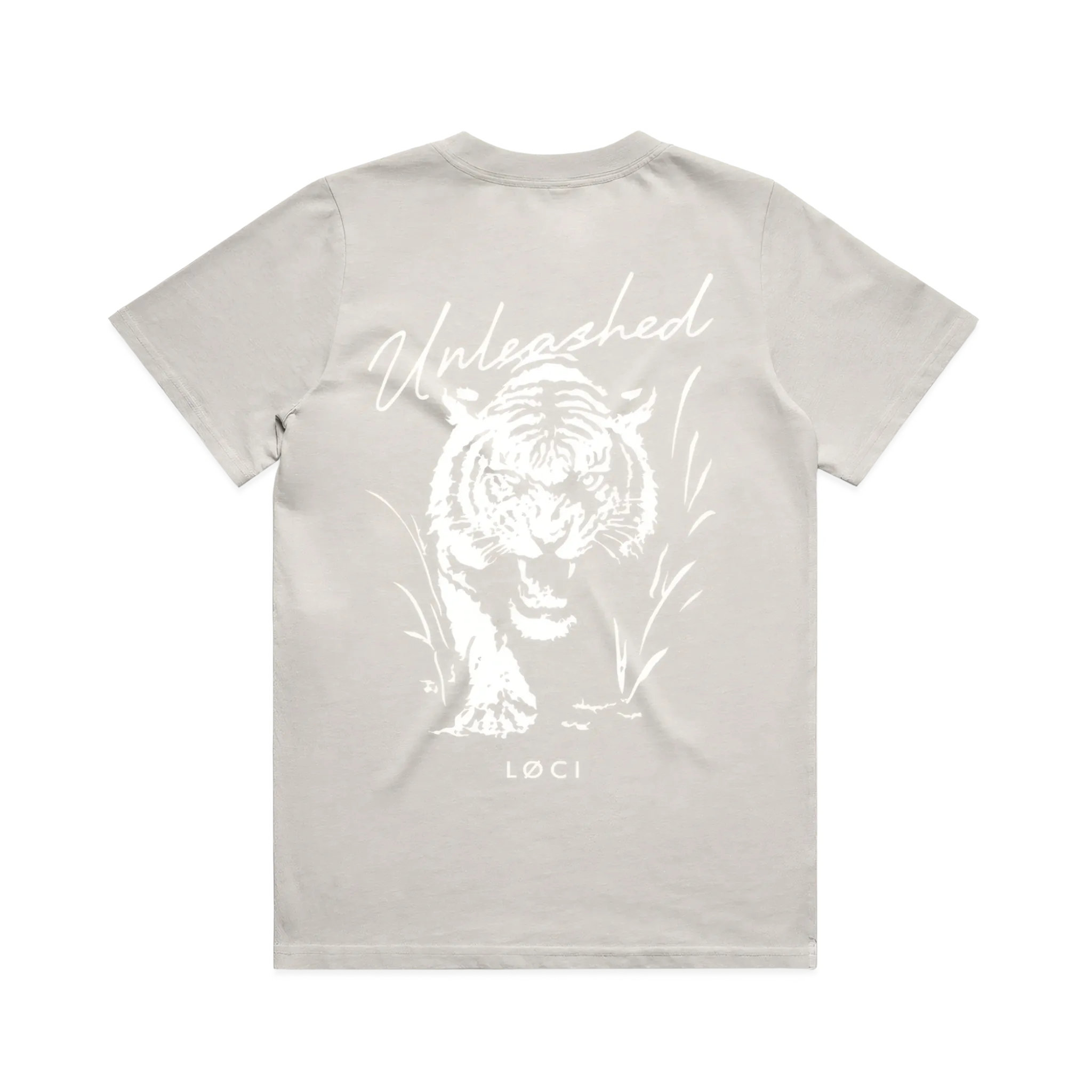 Gray t-shirt with a white tiger graphic and text on a white background