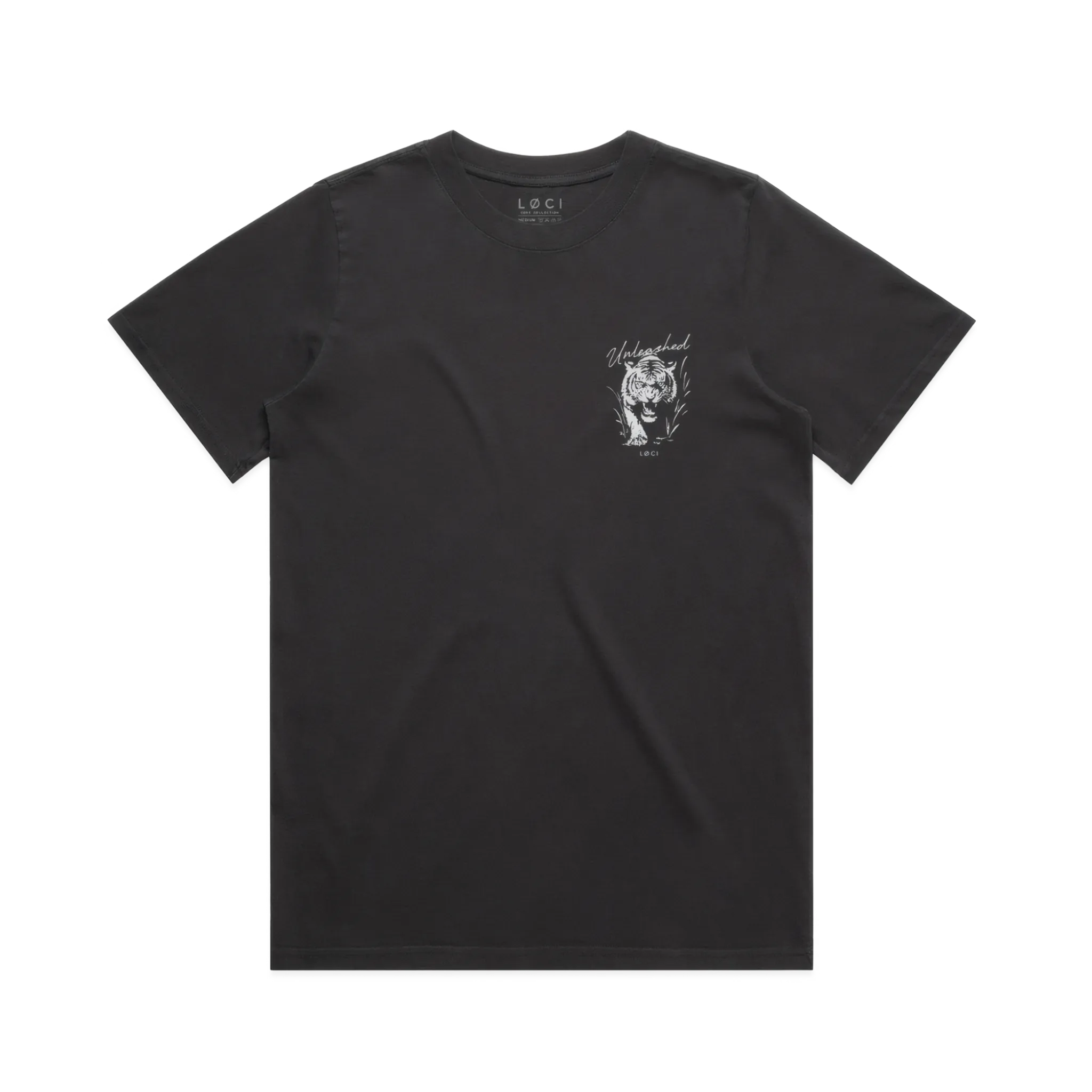 Black t-shirt with a white tiger graphic on a white background