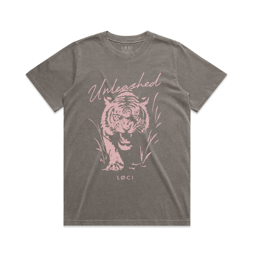 Gray t-shirt with pink tiger graphic and 'Unleashed' text on a white background