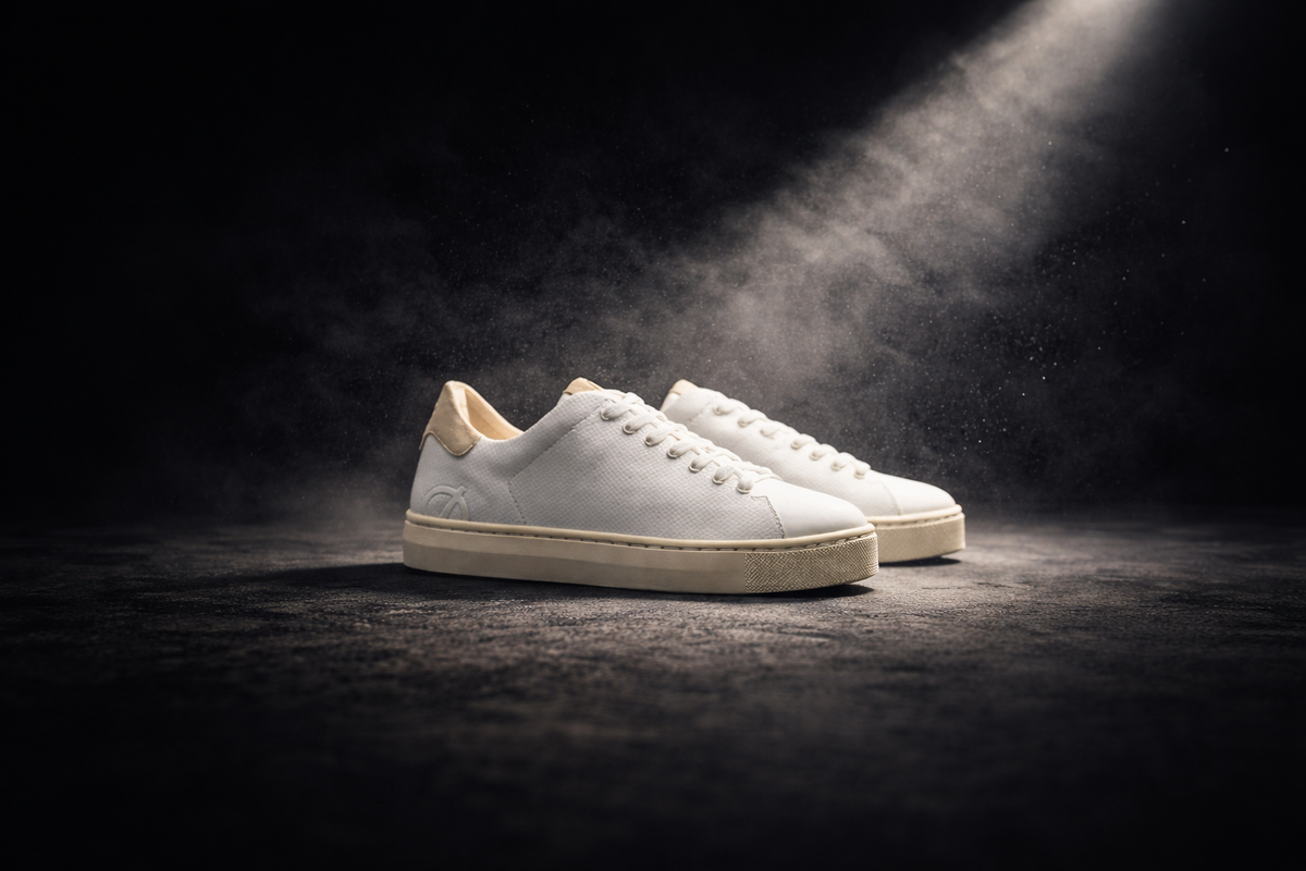 A pair of white LØCI ØRIGIN sneakers in a spotlight