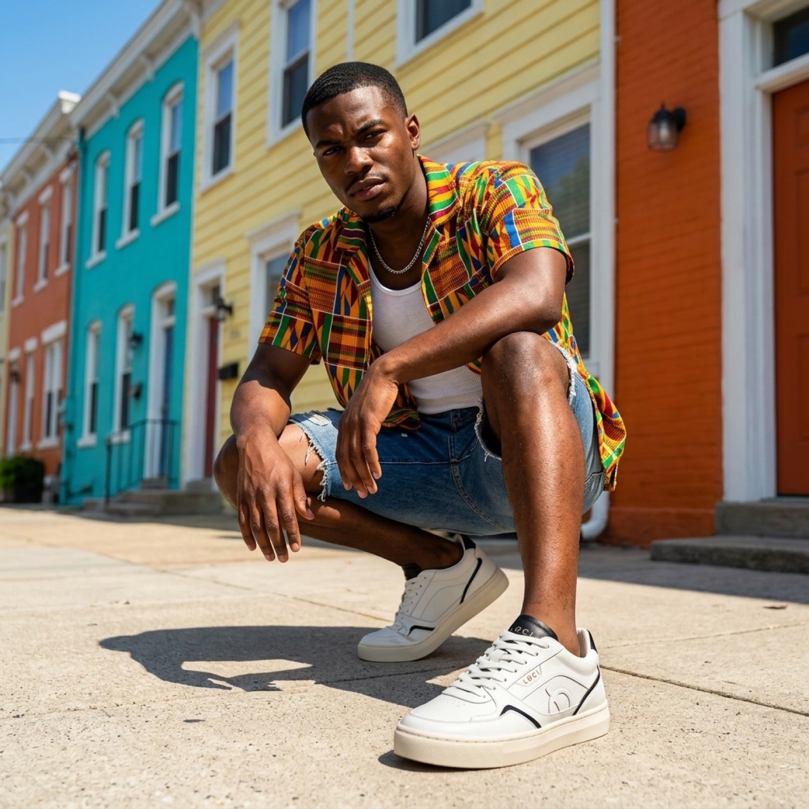 LØCI white sneakers styled on a colourful street